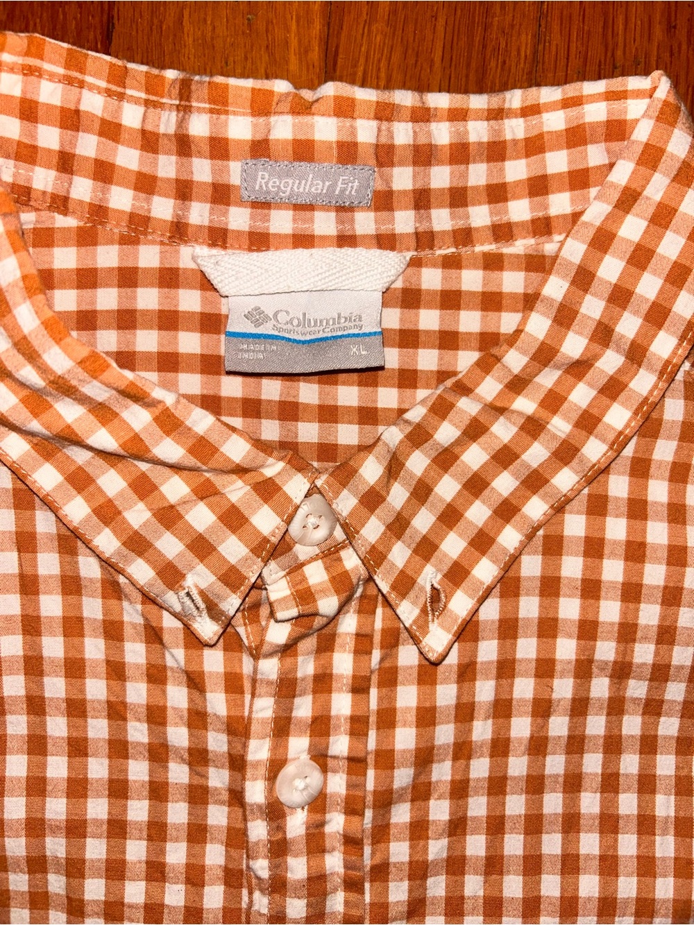 Columbia Orange and White Gingham Short Sleeve Button-Down Shirt - Picture 3 of 3